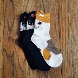 New Cat Socks Bundle (3 Pairs) Black, Blue, White